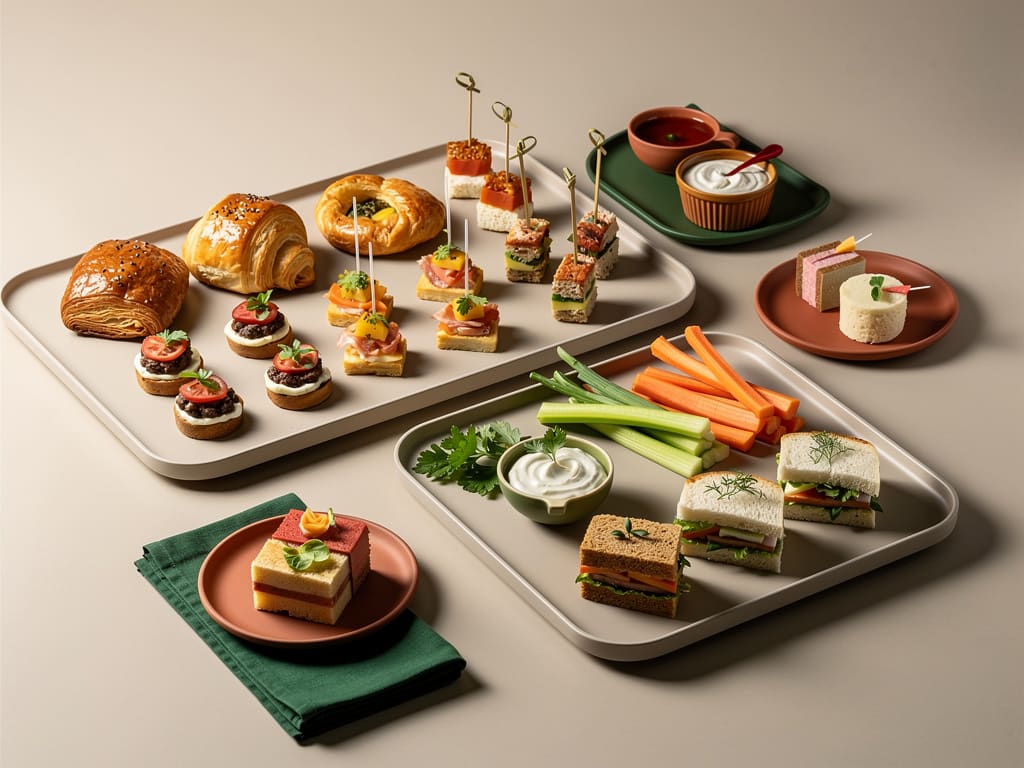 Finger food caldo e freddo disposto su vassoi